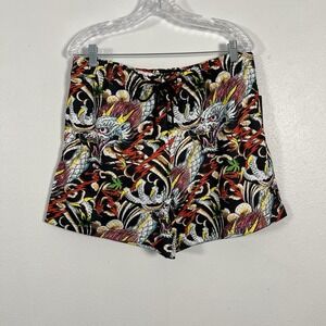 Ed Hardy Men's Mesh Shorts  Dragon Tattoo Art Multicolor Large Drawstring